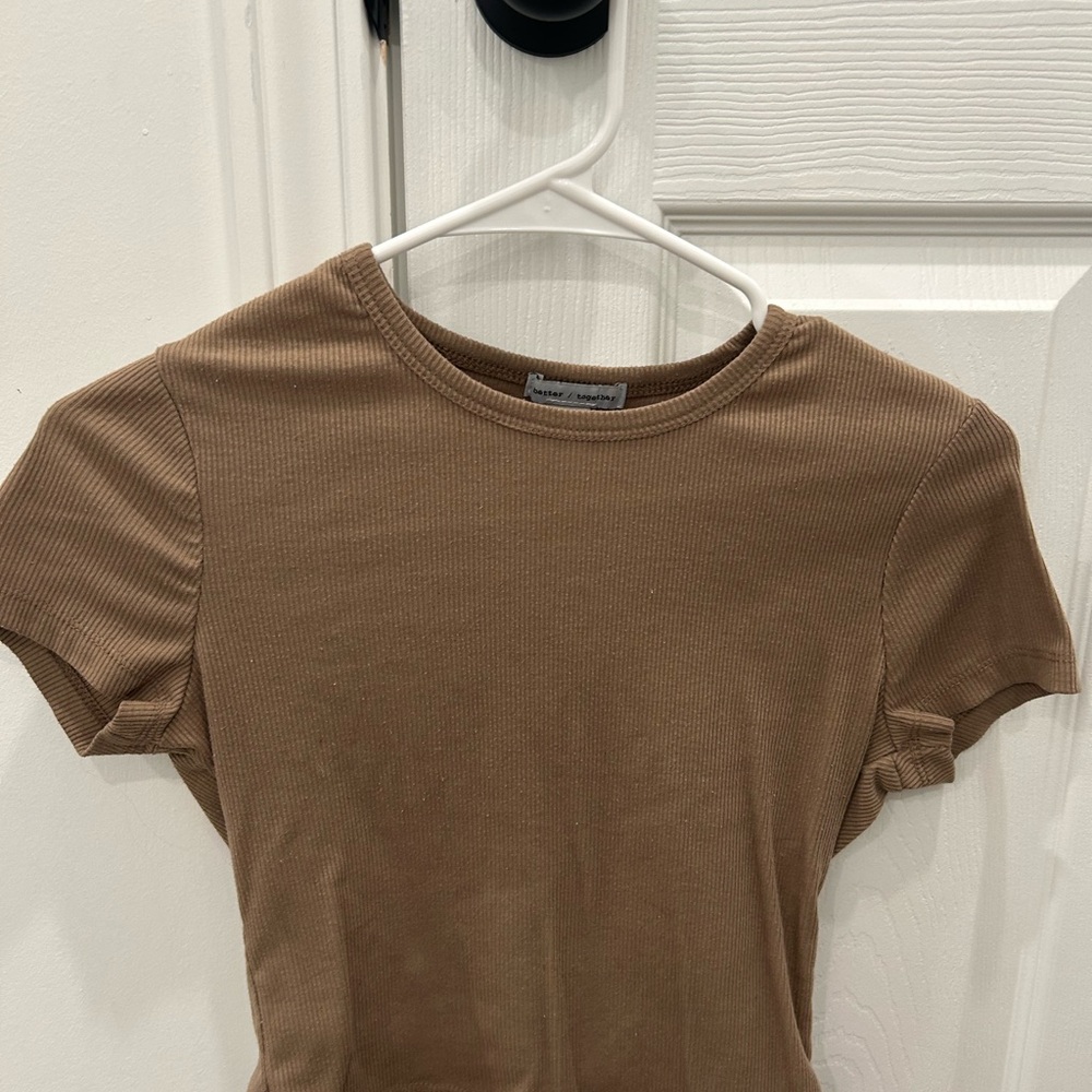 Brown Ribbed Short Sleeve Top
